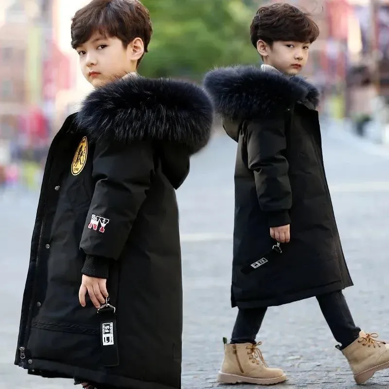 Teen Boys Winter Coat Thicken Warm Kids Jacket Fashion Long Style Zipper Hooded Children Outerwear 5-13 Years