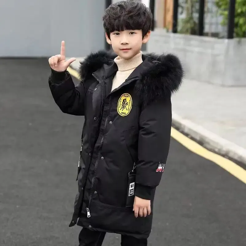 Teen Boys Winter Coat Thicken Warm Kids Jacket Fashion Long Style Zipper Hooded Children Outerwear 5-13 Years