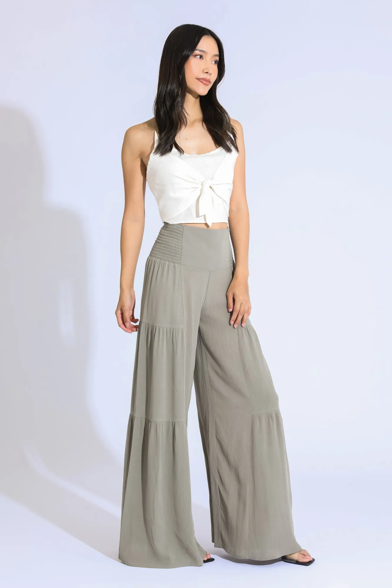 TIE WAIST TIERED WIDE LEG PANT - DUSTY SAGE