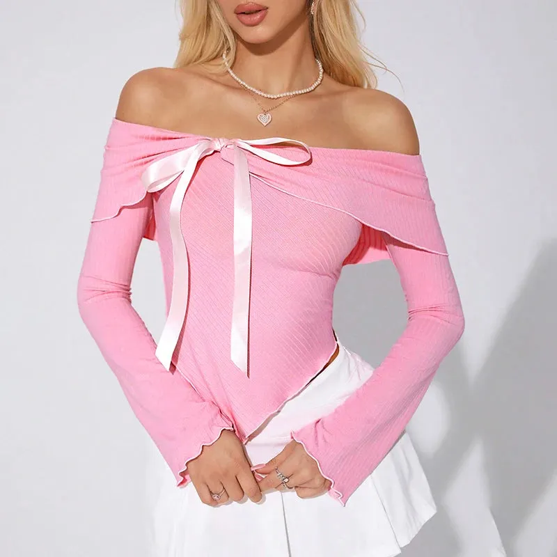 Trendy Off-Shoulder Bow Top with Asymmetric Hemline