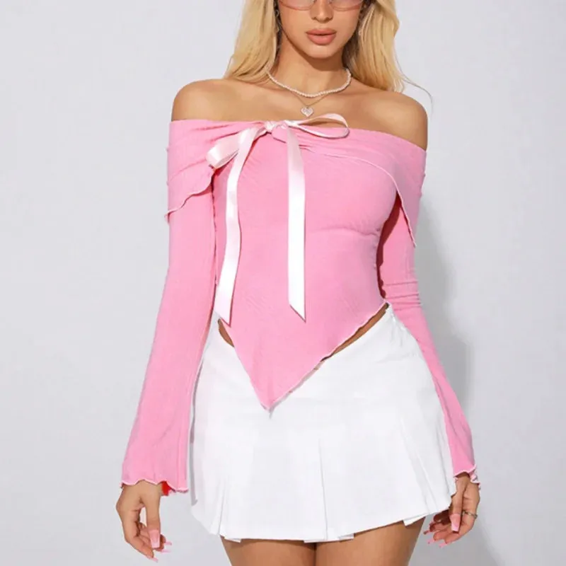 Trendy Off-Shoulder Bow Top with Asymmetric Hemline