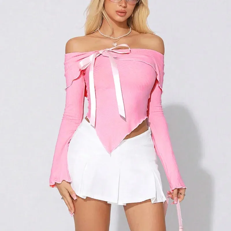 Trendy Off-Shoulder Bow Top with Asymmetric Hemline