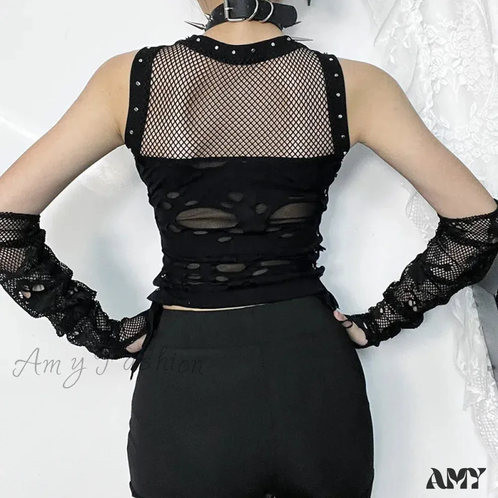 Trendy Rave Gothic Party Steampunk Fishnet Backless Sexy Crop Top