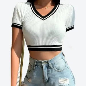 Trendy Ribbed V-Neck Crop Tops