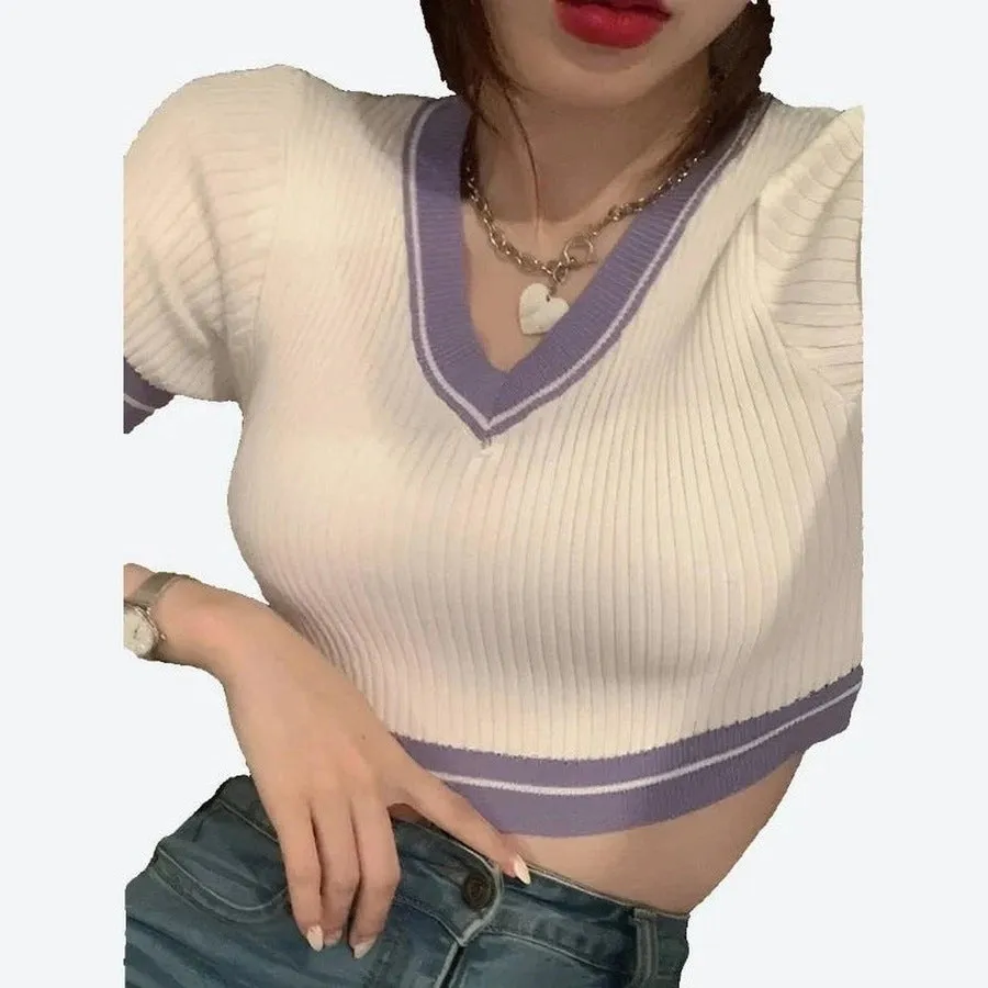 Trendy Ribbed V-Neck Crop Tops