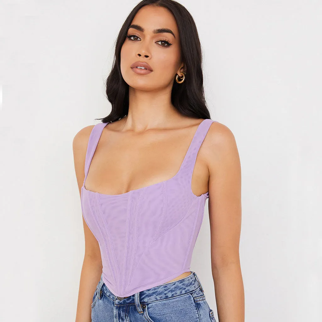 Trendy Suspender Strap Square Neck Crop Corset Top - Purple