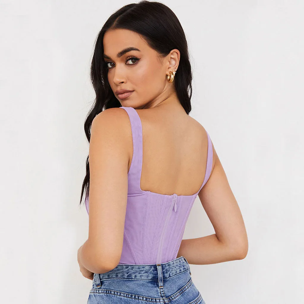 Trendy Suspender Strap Square Neck Crop Corset Top - Purple