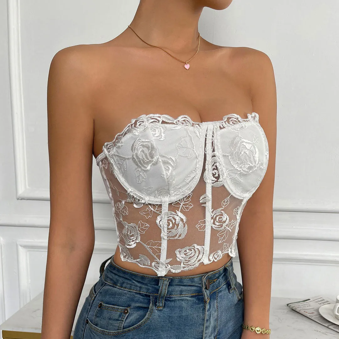 Tulle Crop Corset Trendy Tube Top - Rose