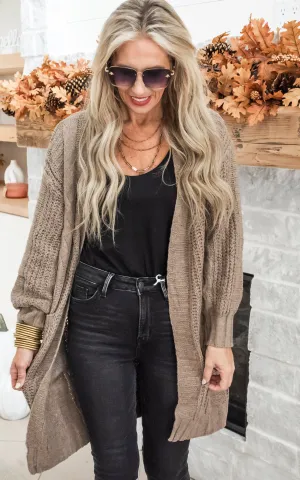 Twist Knitted Long Cozy Cardigan - Mocha Latte