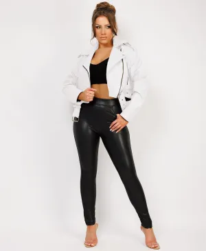 White Faux Leather Cropped Belted Biker Jacket