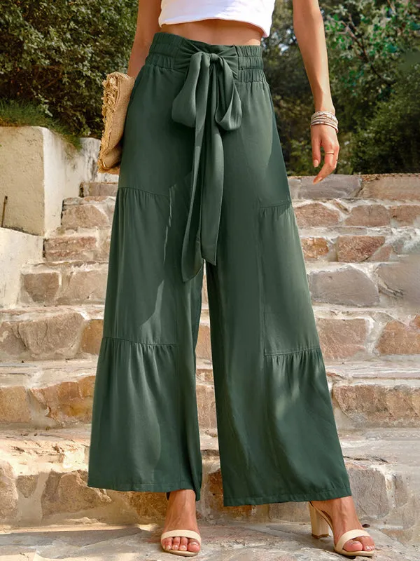 Wide-Leg Trousers - Tiered Pants with Adjustable Paperbag Knot Waist