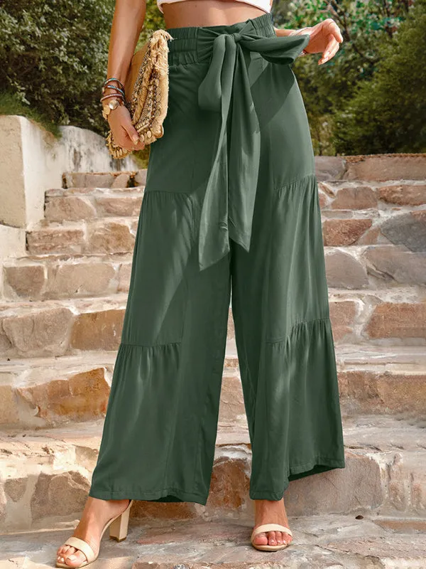 Wide-Leg Trousers - Tiered Pants with Adjustable Paperbag Knot Waist