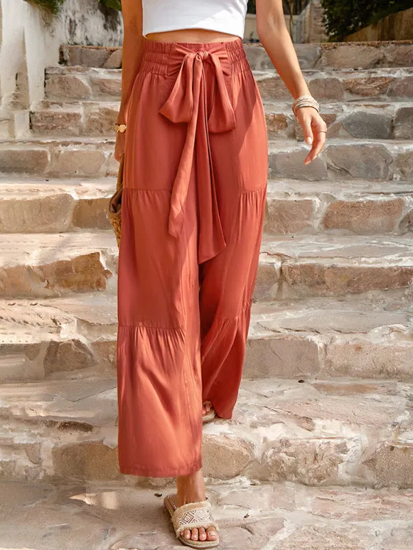 Wide-Leg Trousers - Tiered Pants with Adjustable Paperbag Knot Waist