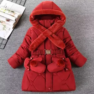 Winter Girls Jacket Warm Windproof Outerwear Hooded Zipper Fur Collar Princess Coat 5 6 7 8 9 10 10 12 Years Kids Clothes