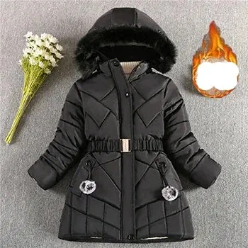 Winter Girls Jacket Warm Windproof Outerwear Hooded Zipper Fur Collar Princess Coat 5 6 7 8 9 10 10 12 Years Kids Clothes