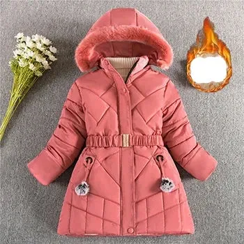 Winter Girls Jacket Warm Windproof Outerwear Hooded Zipper Fur Collar Princess Coat 5 6 7 8 9 10 10 12 Years Kids Clothes