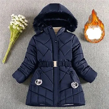 Winter Girls Jacket Warm Windproof Outerwear Hooded Zipper Fur Collar Princess Coat 5 6 7 8 9 10 10 12 Years Kids Clothes