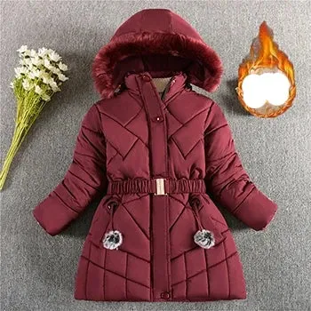 Winter Girls Jacket Warm Windproof Outerwear Hooded Zipper Fur Collar Princess Coat 5 6 7 8 9 10 10 12 Years Kids Clothes