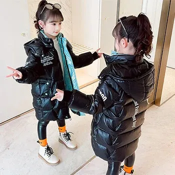 Winter Keep Warm Jackets For Girls Coat Waterproof Shiny Hooded Children's Outerwear 5-14 Years Teenage Kids Snowsuit