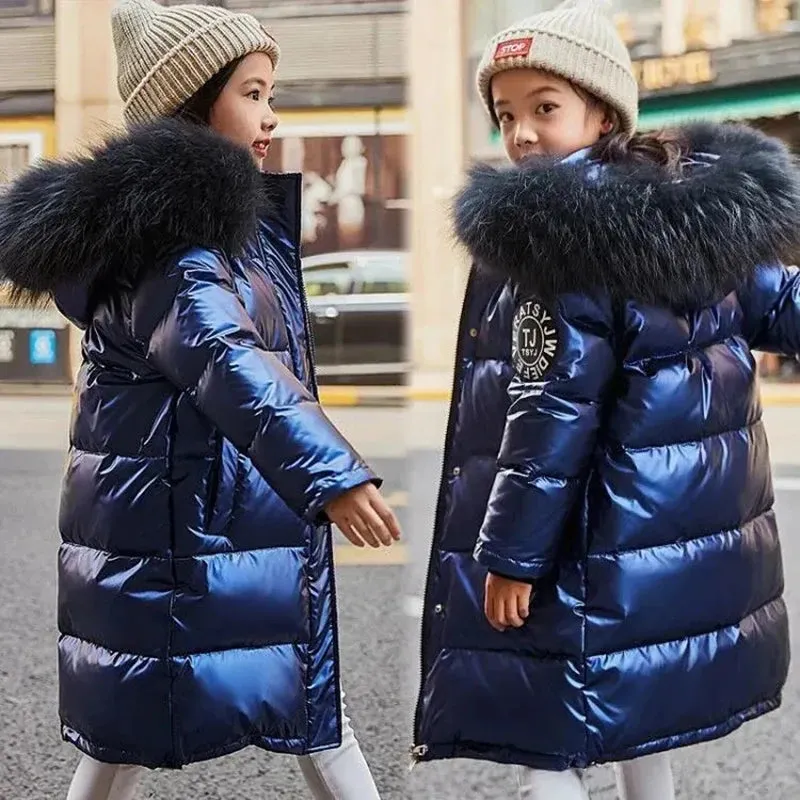 Winter Keep Warm Jackets For Girls Coat Waterproof Shiny Hooded Children's Outerwear 5-14 Years Teenage Kids Snowsuit