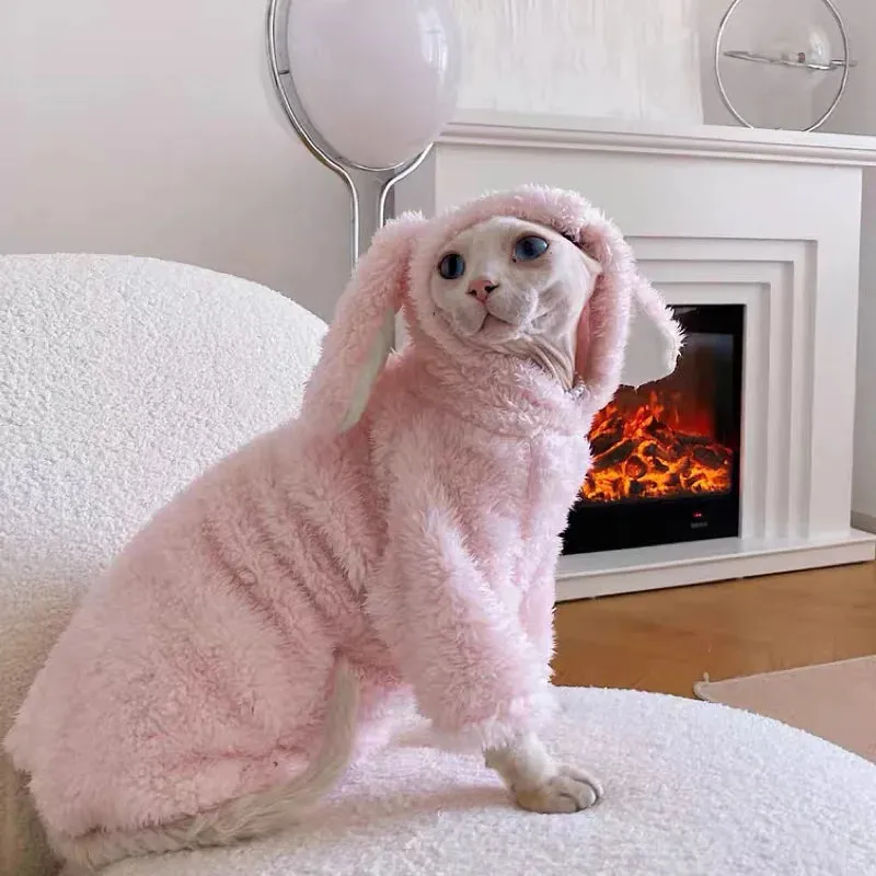 Winter Sphynx Hairless Cat Clothes | Cute Pink Rabbit Soft Cotton Flannel Coat for Sphynx & Devon Rex