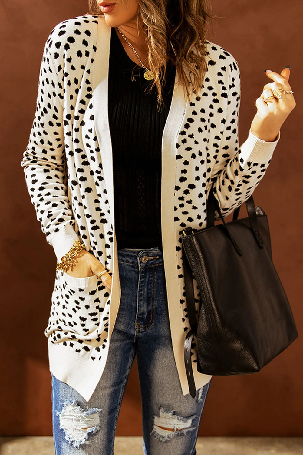 Women Apricot Dotted Open Front Pocketed Long Knit Cardigan