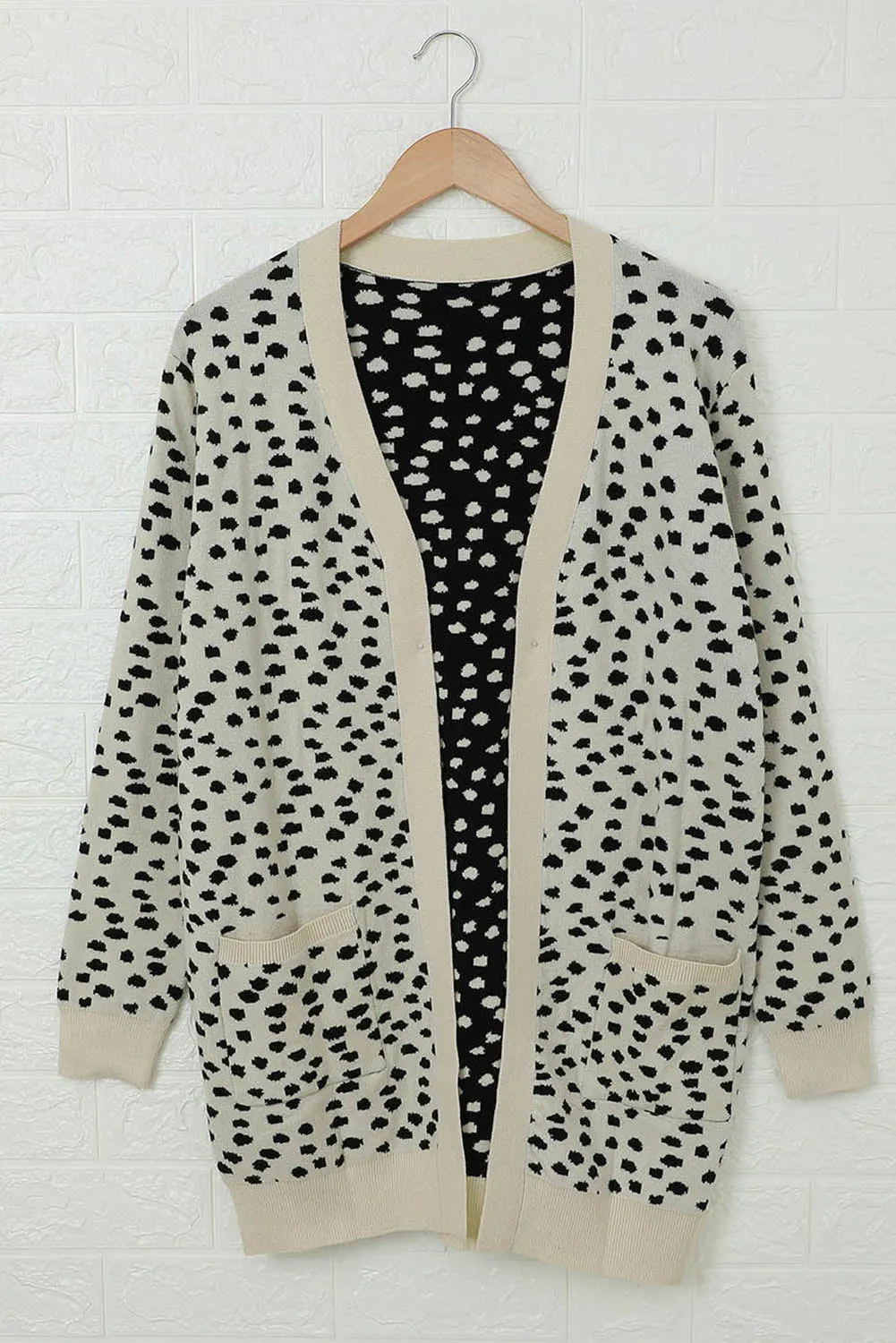 Women Apricot Dotted Open Front Pocketed Long Knit Cardigan