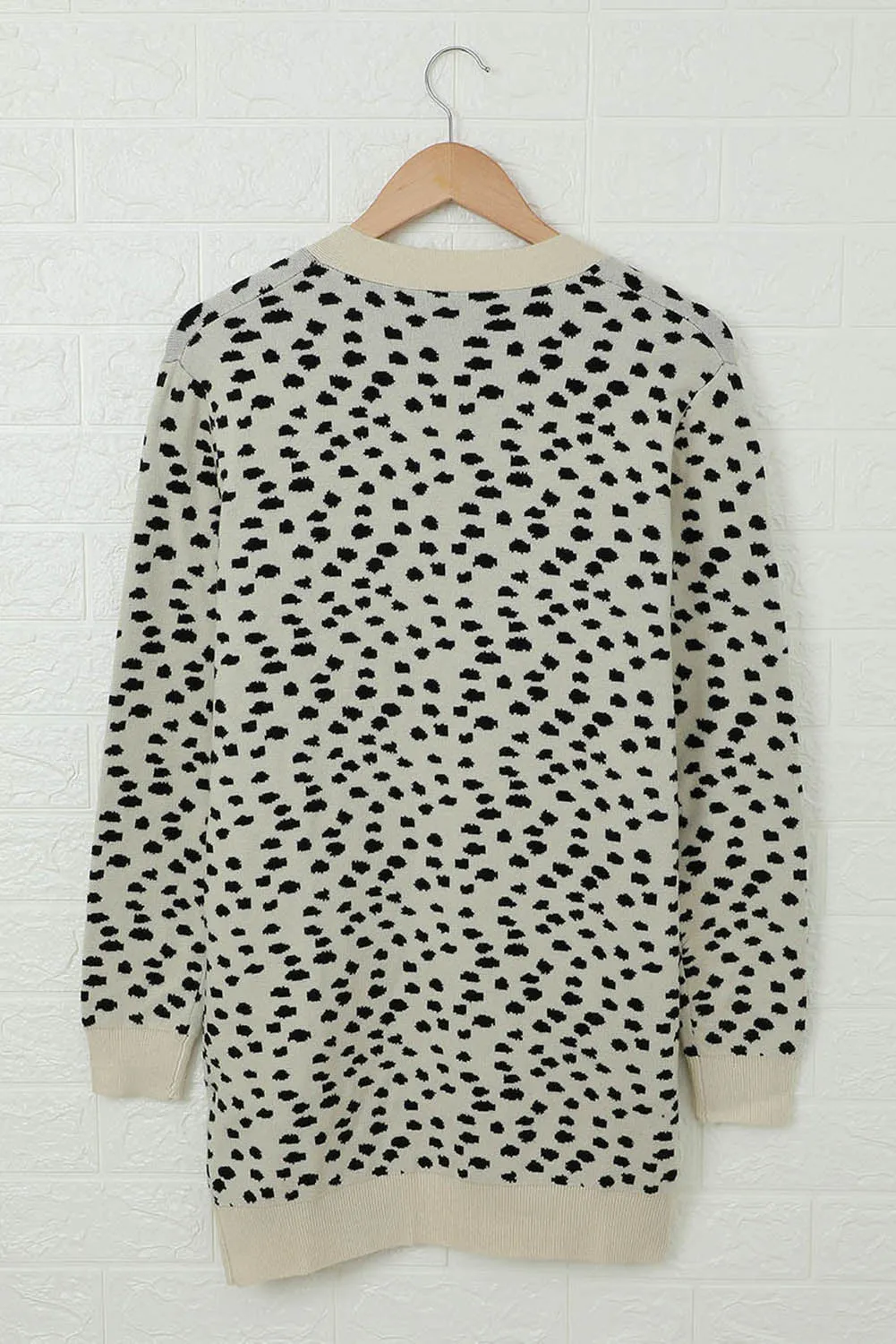 Women Apricot Dotted Open Front Pocketed Long Knit Cardigan