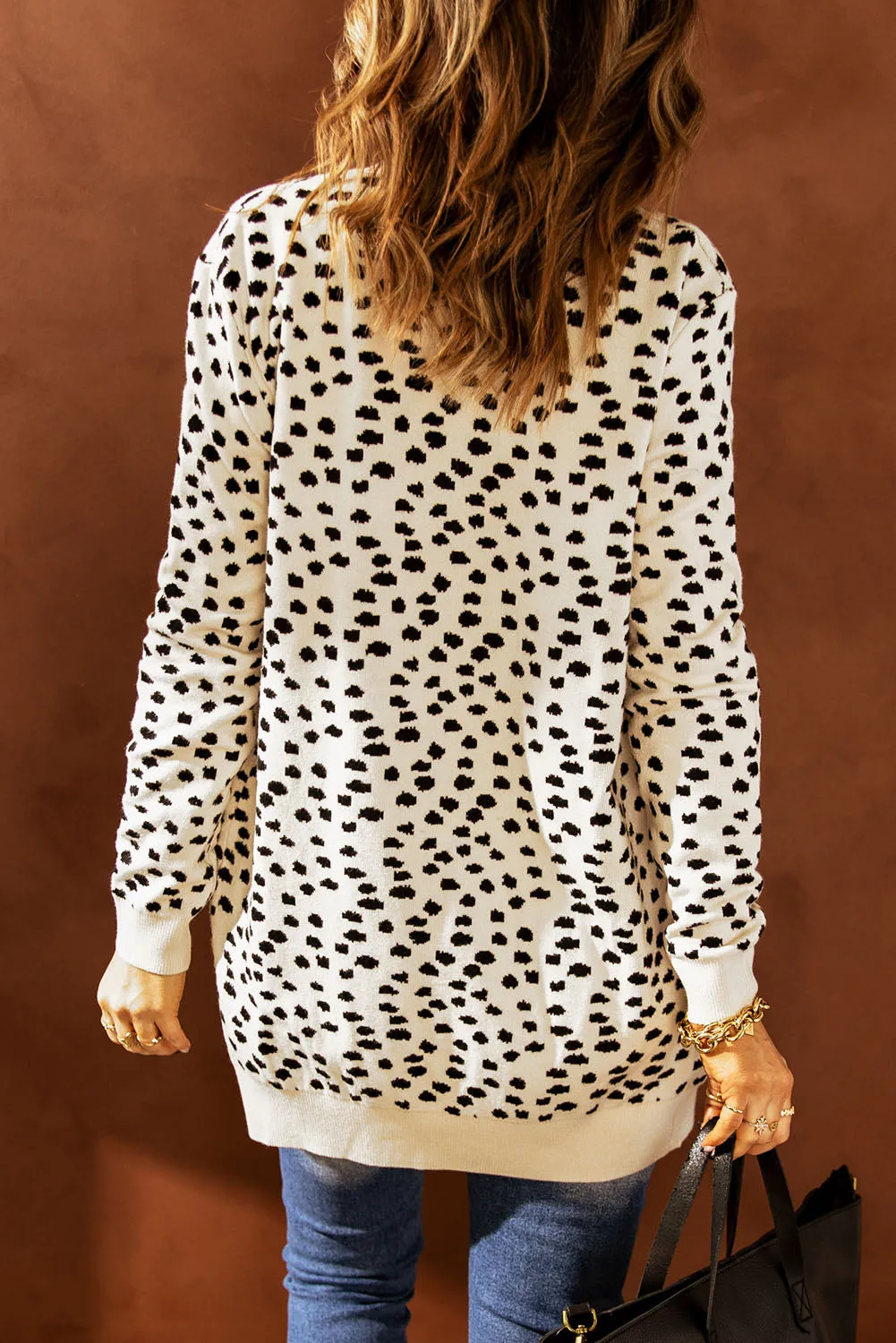 Women Apricot Dotted Open Front Pocketed Long Knit Cardigan