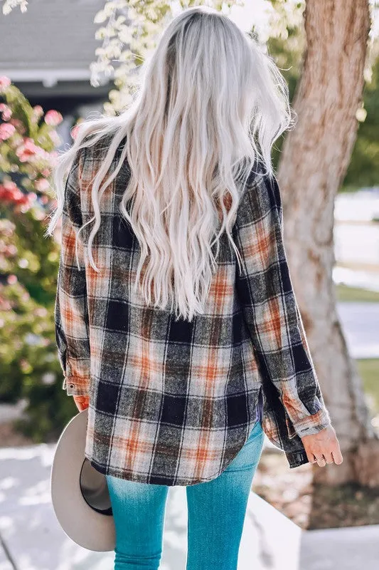 Women Rounded Hem Plaid Shacket with Slits