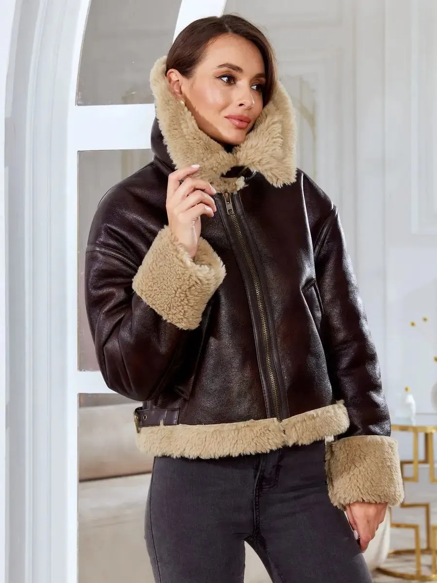 Women Shearling-Lined Bomber - Cozy Faux Leather Jacket