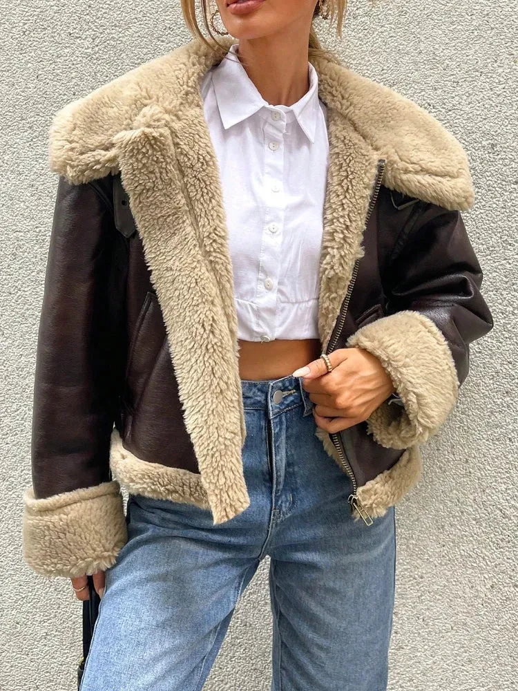 Women Shearling-Lined Bomber - Cozy Faux Leather Jacket