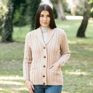 Women's Aran Knit Shawl Neck Cardigan, Parsnip