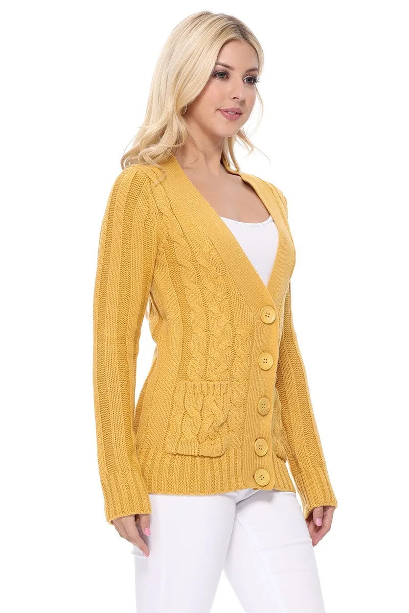 Women's Casual Long Sleeve Button Down Cable Knit Cardigan Sweater with Two Pockets HB3134