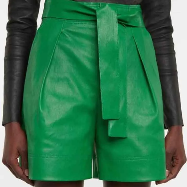 Womens Green Leather Short with Tie Belt