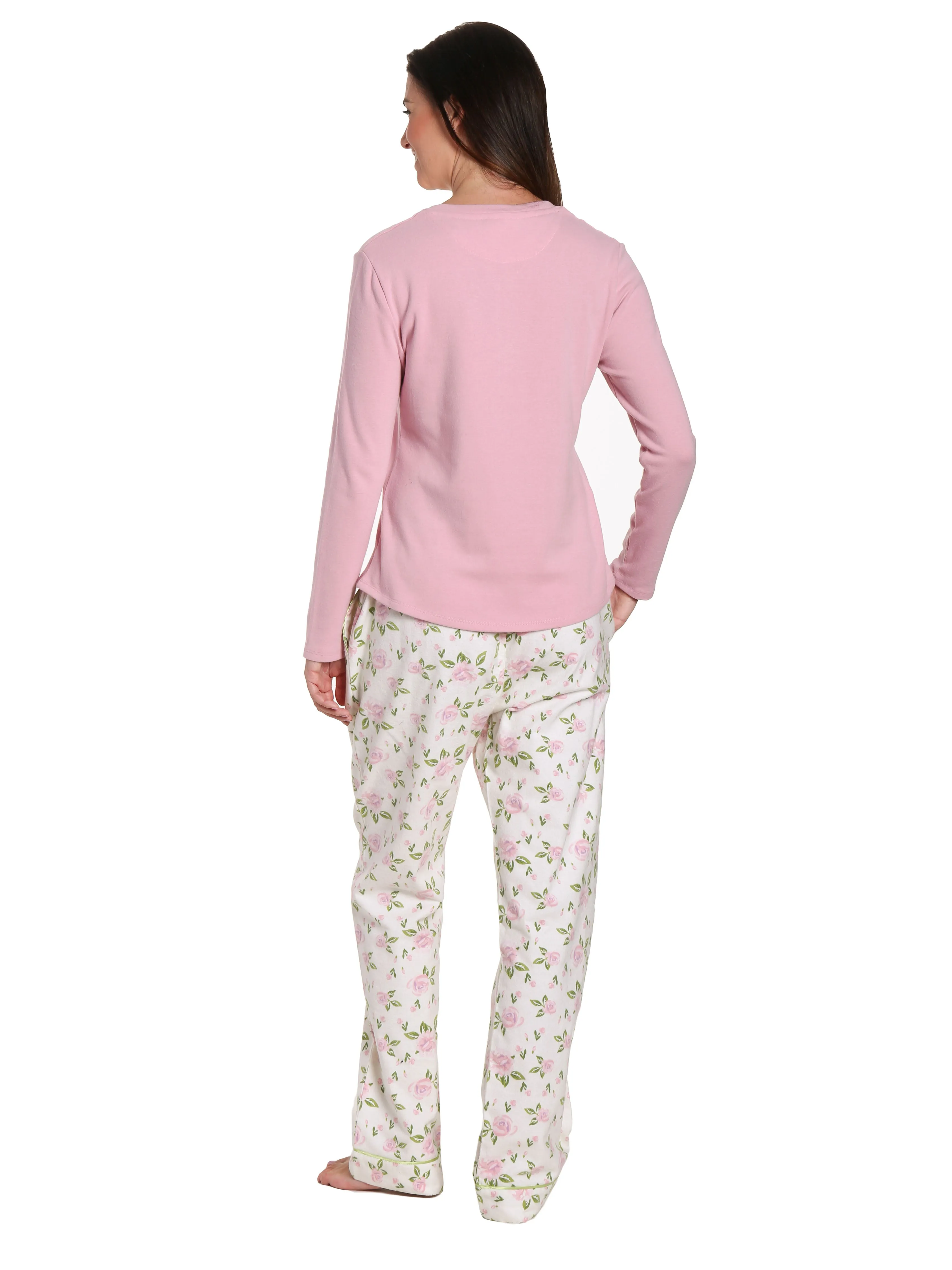 Womens Premium Cotton Flannel Loungewear Set - Gardenia Cream-Pink