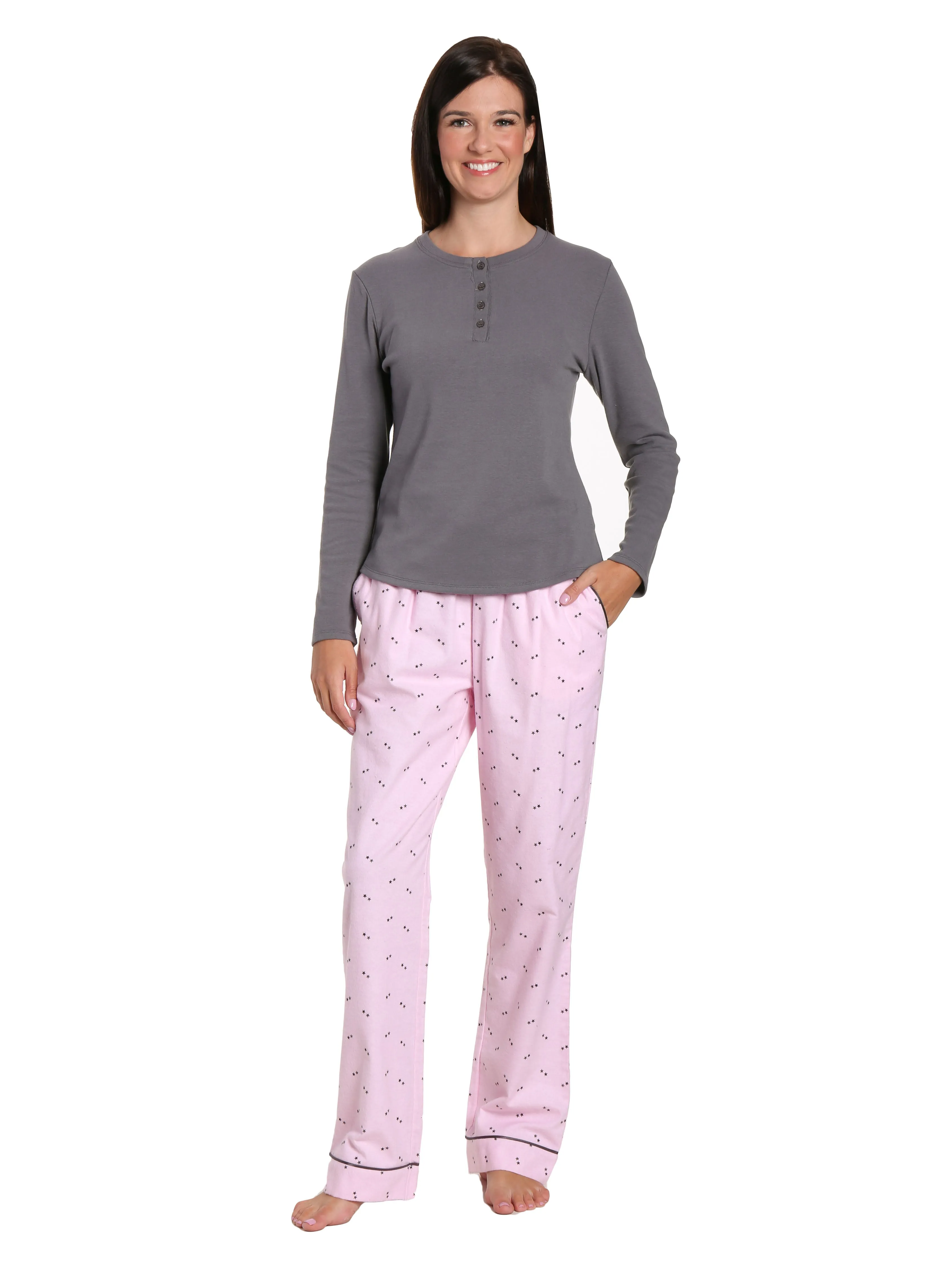 Womens Premium Cotton Flannel Loungewear Set - Twinkle Pink-Grey