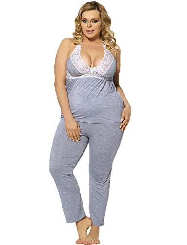 Yummy Bee Plus Size 6-22 Pyjama Set Nightwear Lace Halterneck PJs Loungewear (Black, 14)