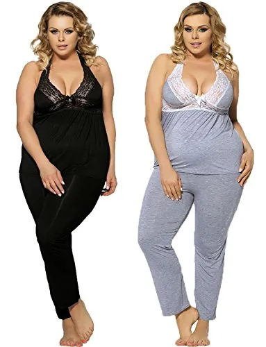 Yummy Bee Plus Size 6-22 Pyjama Set Nightwear Lace Halterneck PJs Loungewear (Black, 14)