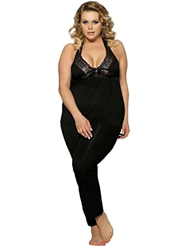 Yummy Bee Plus Size 6-22 Pyjama Set Nightwear Lace Halterneck PJs Loungewear (Black, 14)